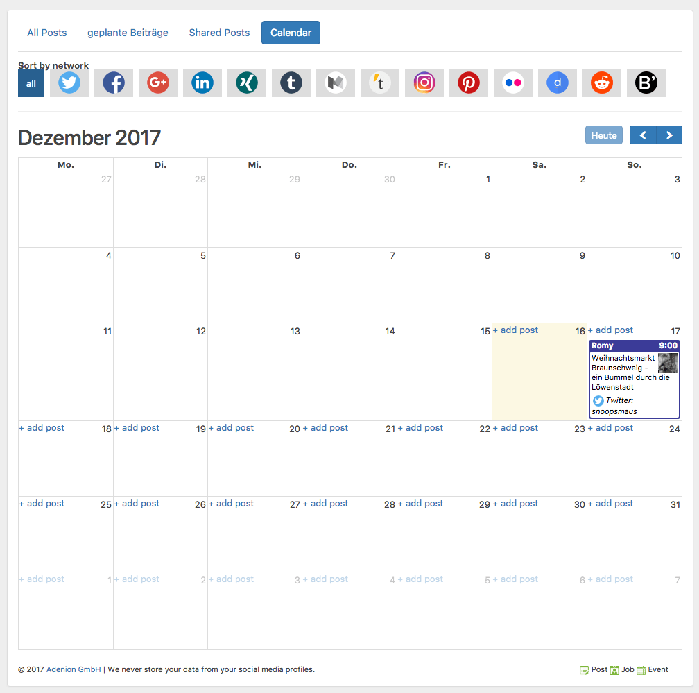 Content Calendar zum langfristigen Planen von Posts