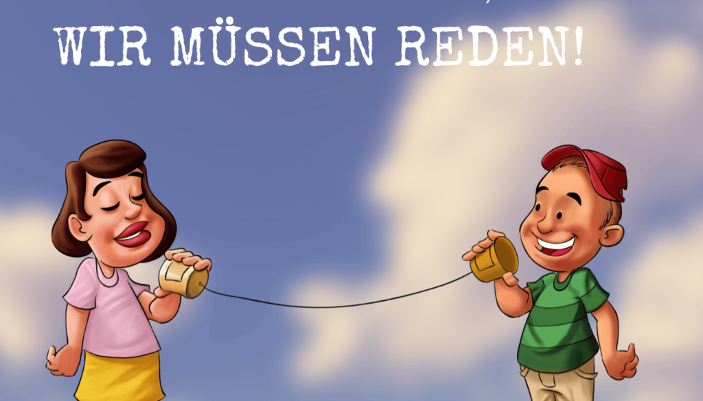 Titelbild zu einem Artikel mit Wolkenhimmel im Hintergrund, Text oben "Liebe Eltern im Social Web, wir müssen reden!", unten mittig URL-Angabe "keepmeposted.de", links und rechts davon eine Comicfigur einer weiblichen und männlichen Figur, die mit einem Schnurrtelefon telefonieren.